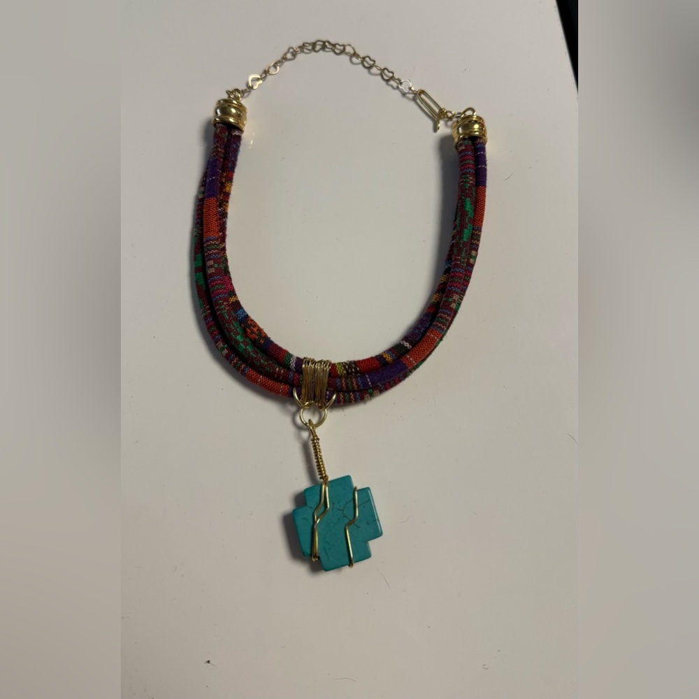Boho Turquoise Cross Necklace | Colorful Fabric Cord Statement Necklace - Picture 4 of 9